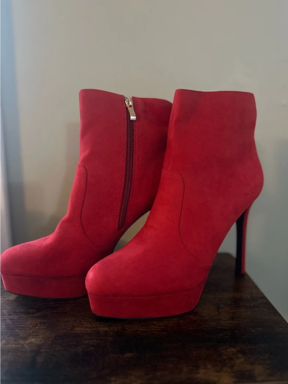Shoe Dazzle red faux-suede platform stiletto ankle booties